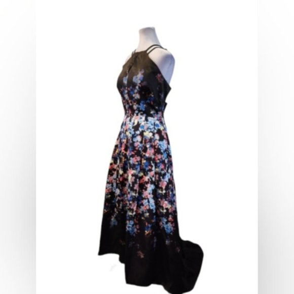 SOLD - Floral Rose Print Maxi Dress/Gown with Full Skirt and Trail. Open Back - Picture 12 of 12